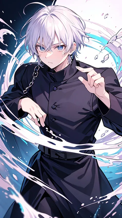 create a black Jujutsu no kaisen manga style image with a young male character extremely similar to Gaku from the Sakamoto Days manga, ele tem cabelo curto fe cor ciano claro e um capuz azul escuro quase preto, e olhos pretos, He wears red earrings and he ...