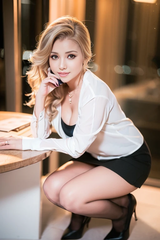 (a gorgeous office lady, age 22, she is chatting on the phone in an office, night sky, White shirt, grey mini-skirt, dimpled smile, gentle expression, cute snaggle-tooth, short hair rolled in an updo, beautiful detailed face, beautiful detailed eyes, ample...