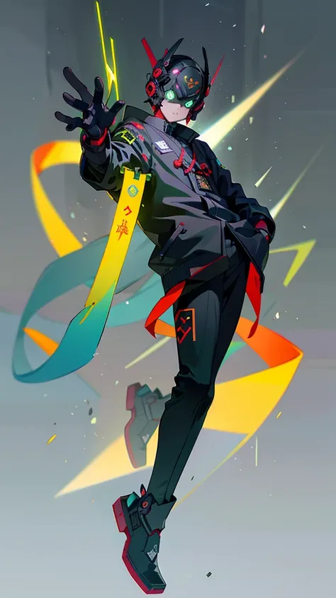 masterpiece, best quality, A close-up shot of a futuristic boy，China is black and impermanent，The traditional image of Hei Wuchang，Tradition meets modernity，Chinese style，Wearing a fantastic cyber helmet，Green triangle LED light and halo on the helmet, Wea...