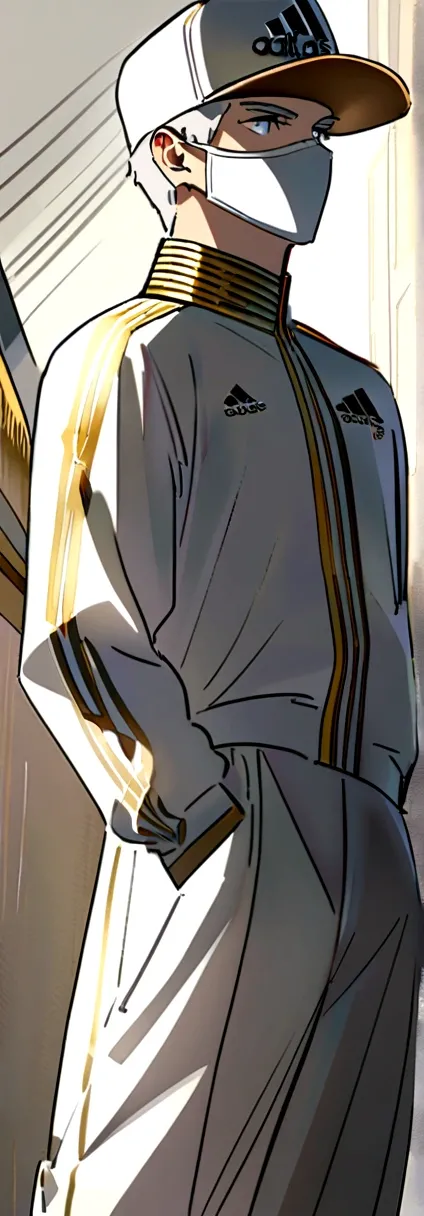 masculine, best qualityer, Lean, work of art,White hair, White colored eyes,white and gold adidas outfit and white mask, white and gold captain&#39;Hat