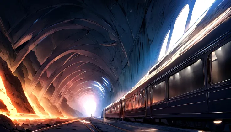 Fascinating scene of a train passing through a tunnel, Create a dynamic and energetic atmosphere with vibrant beams of light...