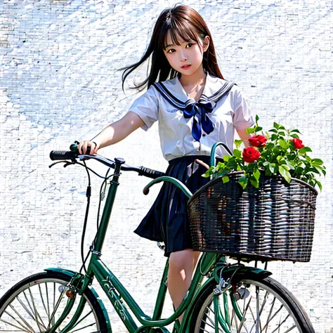 (masterpiece, highest quality:1.2), one girl, ride a bicycle, alone