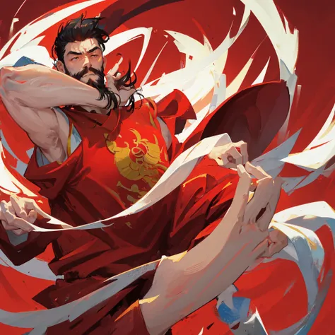 A Chinese Kung Fu Master，male，Beard，((Pure red background))