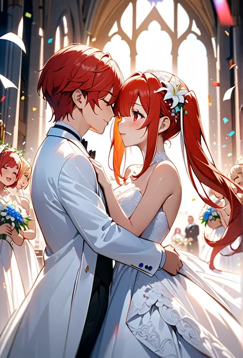 a high quality, high definition, highly detailed two lily girls kissing, red haired twin tailed robot girls with red eyes, one wearing a gorgeous white wedding dress, one wearing a white tuxedo, audience watching, eyes closed, lots of confetti dancing, cha...