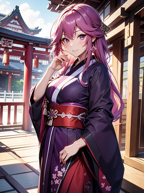 yae miko, 1woman, wearing a long japanese kimono, dark purple colour kimono, at a japan shrine , pink colour hair, 8k, high deta...