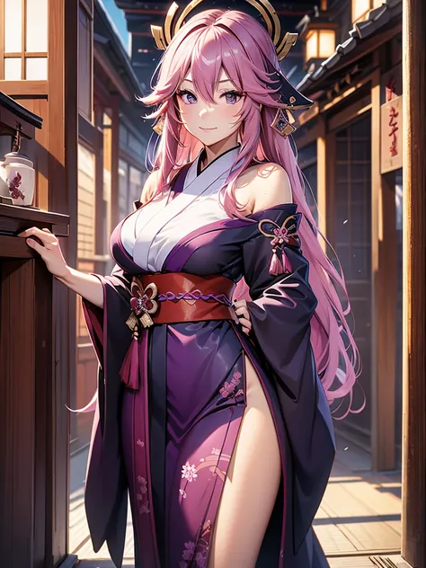 yae miko, 1woman, wearing a long japanese kimono, dark purple colour kimono, at a japan shrine , pink colour hair, 8k, high deta...