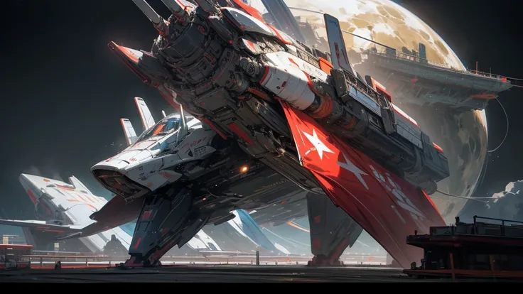 A cool-looking spaceship hovers in the universe，The Chinese flag is printed on it，Strange shape，The appearance is ferocious，Good lighting atmosphere，Rich in details