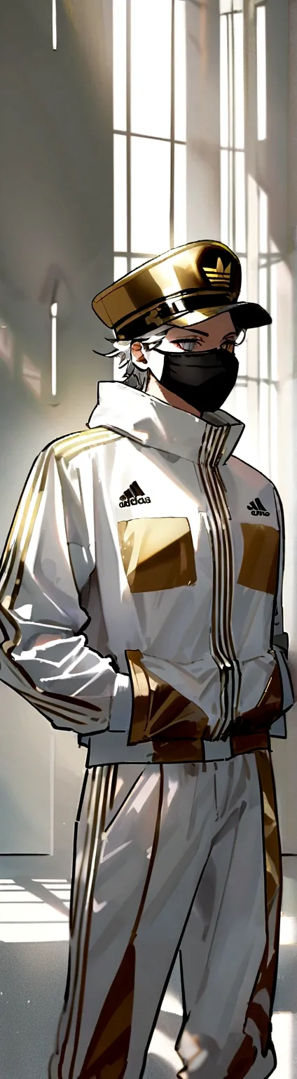 アニメ, masculine, best qualityer, Lean, work of art,White hair, White colored eyes,white and gold adidas outfit and face mask, white and gold captain&#39;Hat