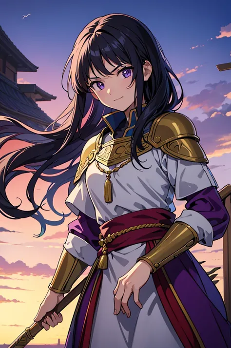 Highest quality, masterpiece, High resolution, alone, （Fire Emblem Ayla），（Genealogy of the Holy War），Evening sky_background，Young Girl，（smug face），（black_Hair Color）, 4K, masterpiece,， alone, 1,whole body，looking at the camera, Fumaru，（purple_coat）Sharp Ey...