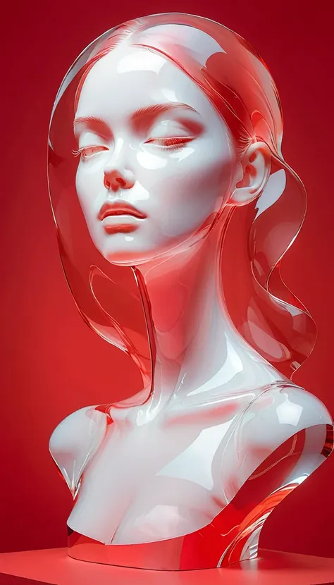 transparent portrait sculpture，illuminate the edges，red background，minimal art