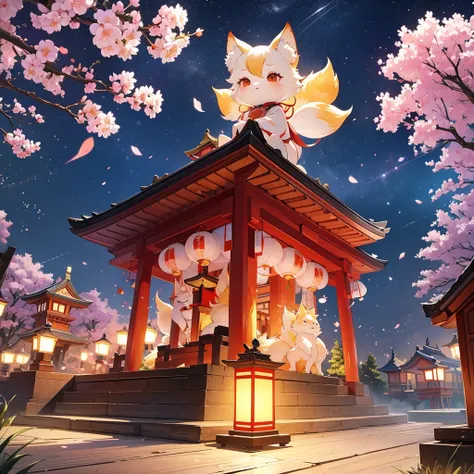 lantern festival, kitsune people releasing lanterns into the sky, shrine, there all happy, cherry blossom trees, female kitsune, lanterns in sky