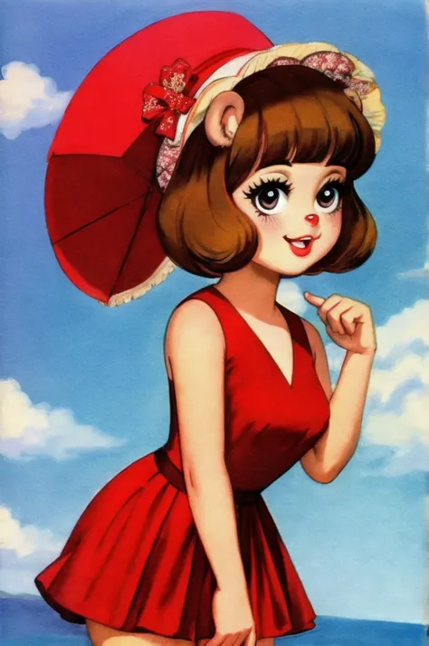 fashionable 60s young lady bear, red_dress, girlfriend, wife, cute pose