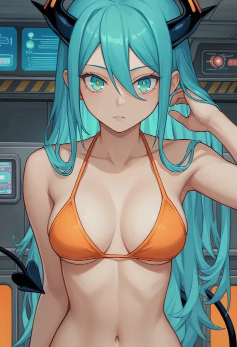 score_9, score_8_up, score_7_up,1 daemon woman, black  demon horns, black demon tail, (aquamarine hair),aquamarine green color hair,ahoge, long hair, (long hair),bangs, light orange bikini, bikini is orange, bikini orange, orange bikini!, (aquamarine eyes)...