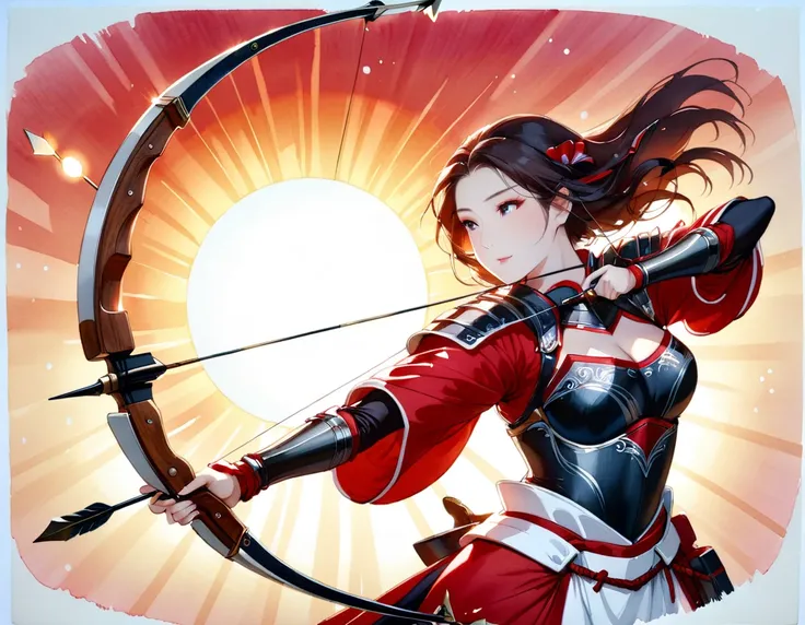 a japanese watercolor illustration (using black, white and red colors only) of a exquisite beautiful female archer, (silhouette ...