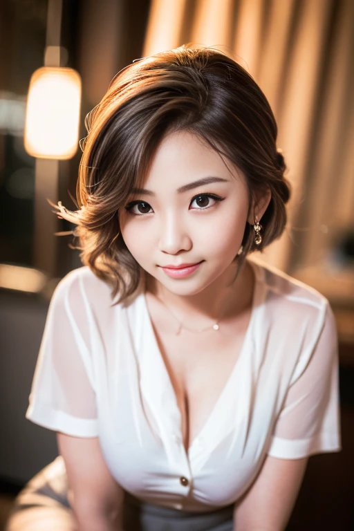 (a stunning chinese office lady, age 22, she is relaxing in an office, night sky, White shirt, grey mini-skirt, dimpled cheeks, friendly smile, cute snaggle-tooth, short hair rolled in an updo, beautiful detailed face, beautiful detailed eyes, ample round ...