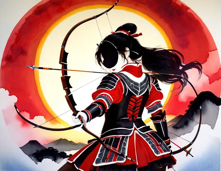 a japanese watercolor illustration (using black, white and red colors only) of a exquisite beautiful female archer, (silhouette ...