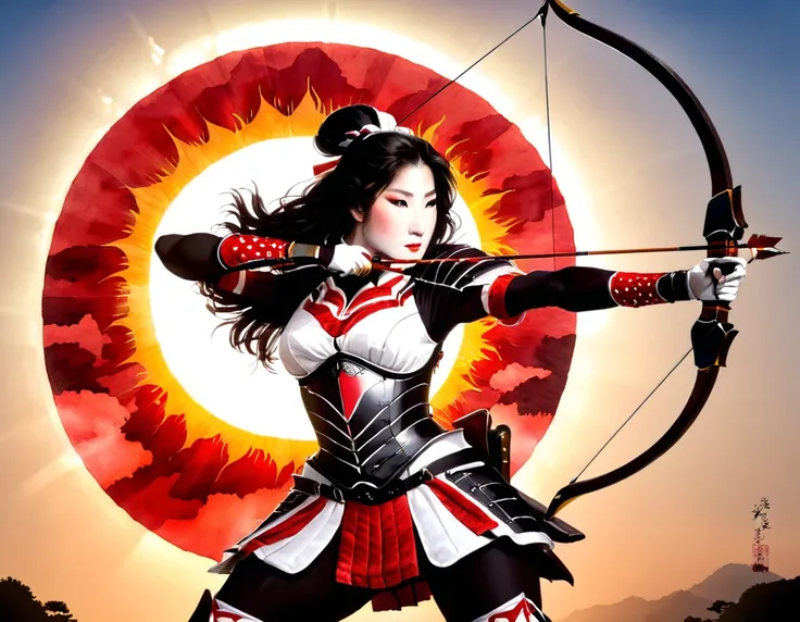 a japanese watercolor illustration (using black, white and red colors only) of a exquisite beautiful female archer, (silhouette ...