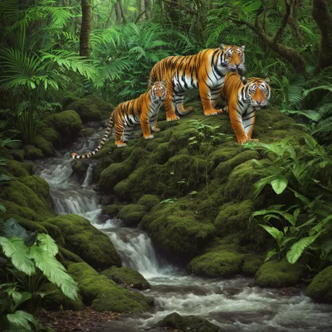 a lush rainforest with towering trees, dense foliage, flowing rivers, vibrant colors,2 tigers stalking through the undergrowth, incredible detail, (best quality,4k,8k,highres,masterpiece:1.2),ultra-detailed,(realistic,photorealistic,photo-realistic:1.37),H...