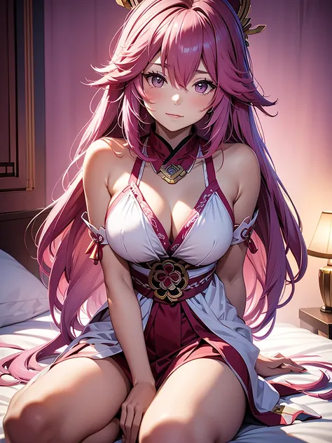 Yae miko, 1woman, wearing a night dress, at morning bed, pink colour hair, 8k, high detailed, high quality