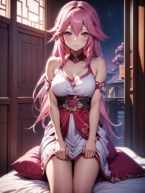 yae miko, 1woman, wearing a night dress, at morning bed, pink colour hair, 8k, high detailed, high quality