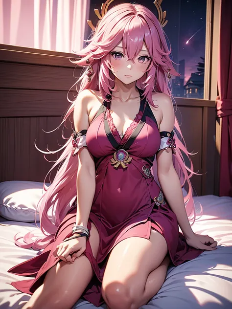 yae miko, 1woman, wearing a night dress, at morning bed, pink colour hair, 8k, high detailed, high quality