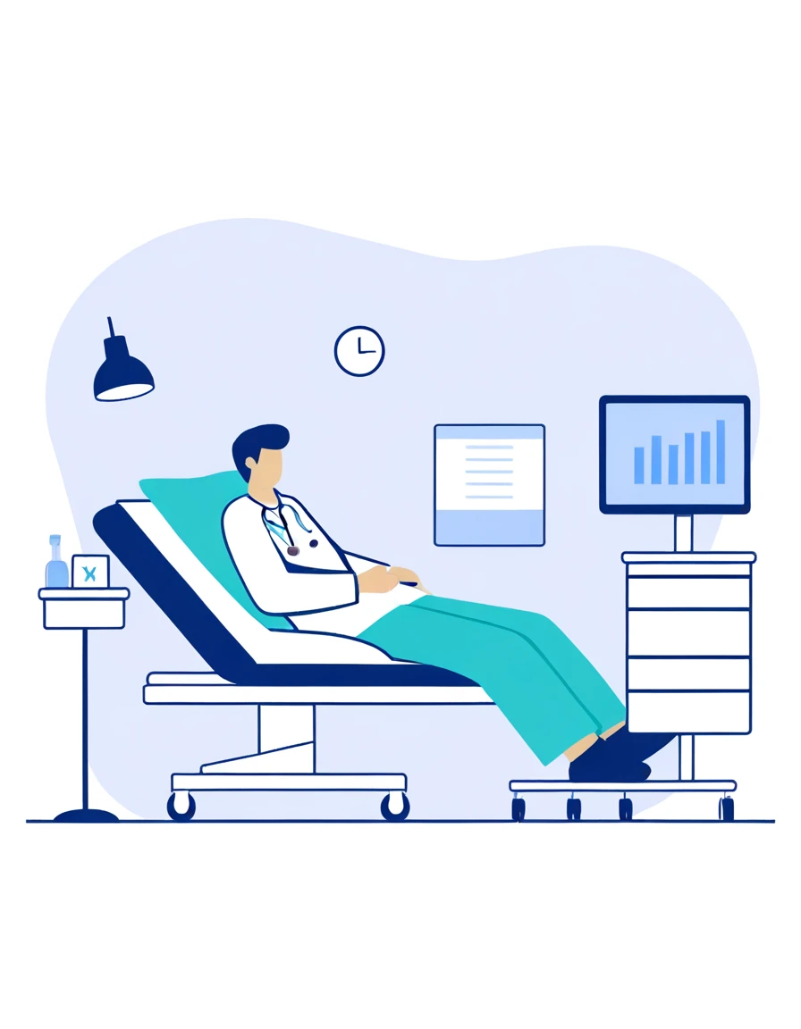 in a hospital bed, medical doctor, flat illustration, hospital background, in hospital bed, doctor, hospital room, medical backg...