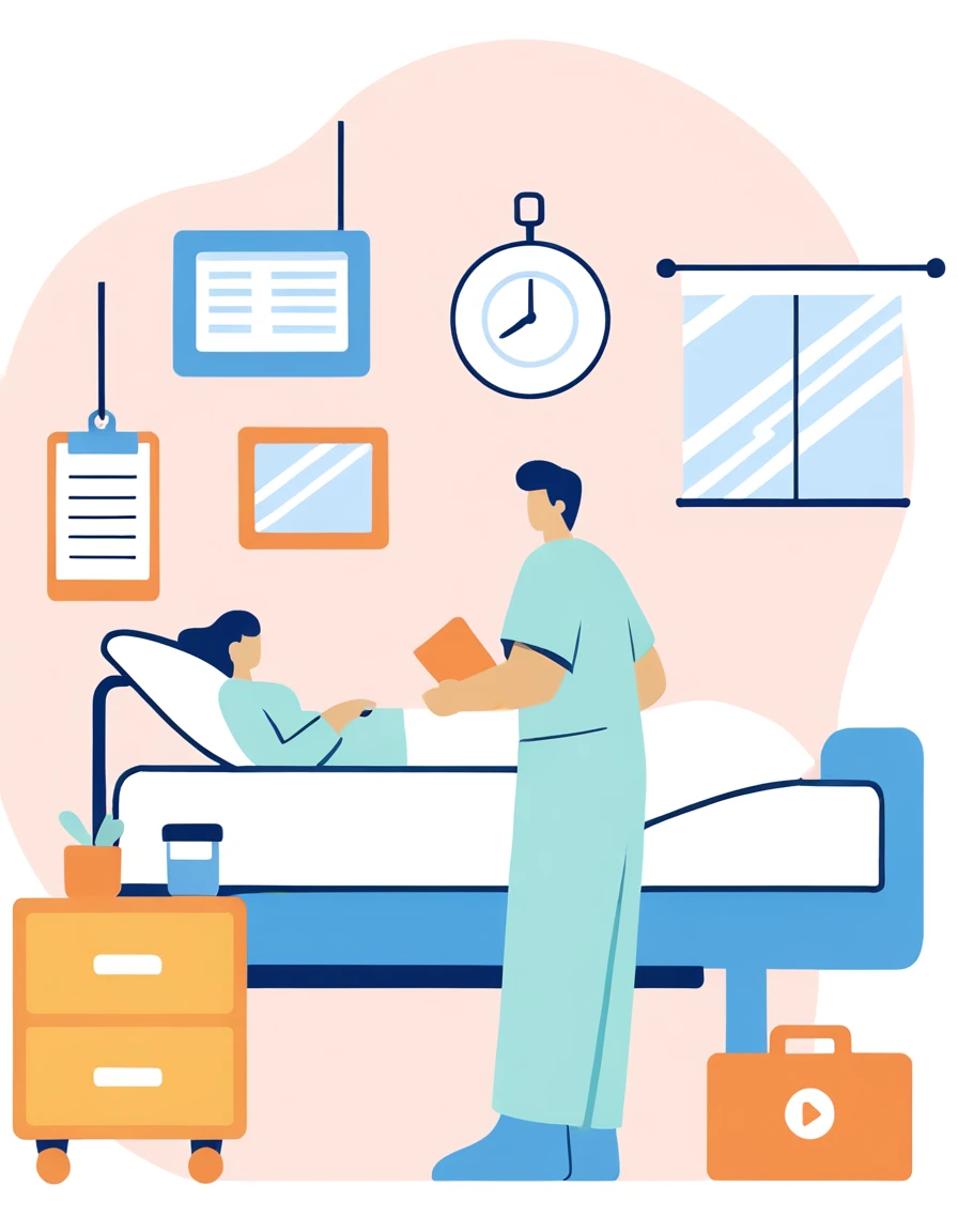 in a hospital bed, medical doctor, flat illustration, hospital background, in hospital bed, doctor, hospital room, medical backg...