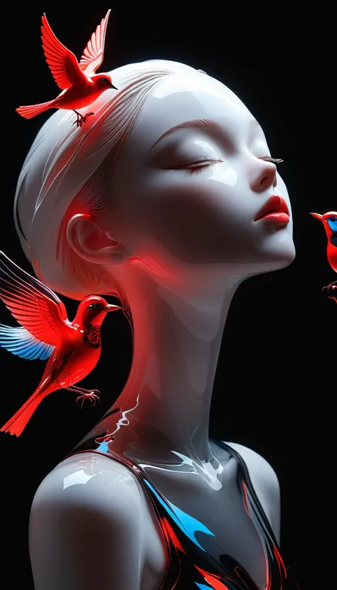 The Art of Blank Space，Sense of space，1 colored glass transparent 3D portrait sculpture and a bird，Close your eyes，面部Luminescence线路，simple，Minimalism，beautiful girl，Black and red，，black background，Luminescence