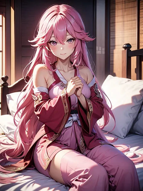 Yae miko, 1woman, wearing a cute pajamas , at morning bed, pink colour hair, 8k, high detailed, high quality