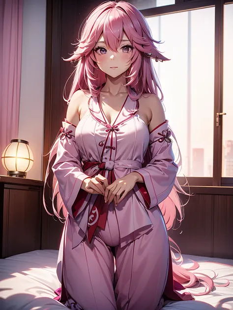 yae miko, 1woman, wearing a cute pajamas , at morning bed, pink colour hair, 8k, high detailed, high quality