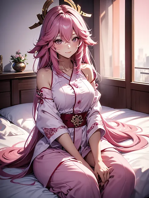 yae miko, 1woman, wearing a cute pajamas , at morning bed, pink colour hair, 8k, high detailed, high quality