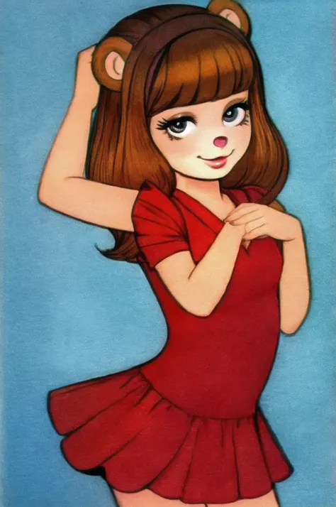 fashionable 60s young lady bear, red_dress, girlfriend, wife, cute pose