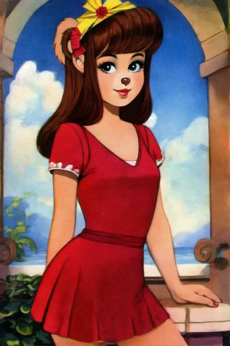 fashionable 60s young lady bear, red_dress, girlfriend, wife, cute pose