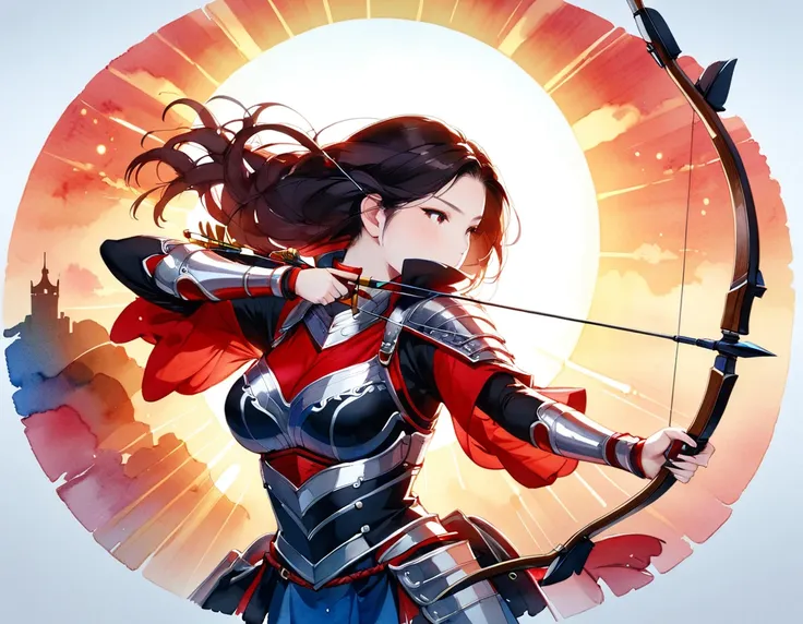 a japanese watercolor illustration (using black, white and red colors only) of a exquisite beautiful female archer, (silhouette ...