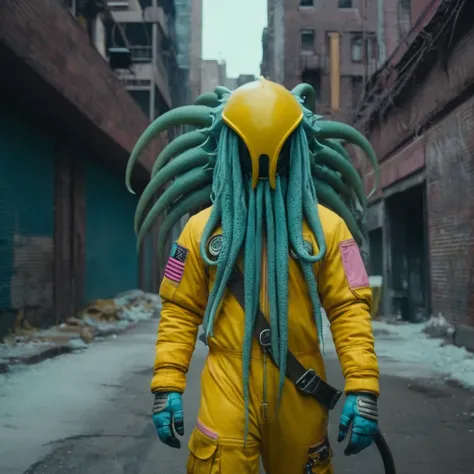 Horror-themed,  In an ancient and mysterious city a person wearing a yellow helmet with pink dark spikes on it carcosa city style, Don Bluth Style ASTRONAUT Cthulhu yellow Toon Doll, full body RAW candid cinema, cyan hair, 16mm, color graded portra 400 fil...