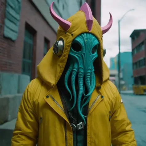 Horror-themed,  In an ancient and mysterious city a person wearing a yellow helmet with pink dark spikes on it carcosa city style, Don Bluth Style ASTRONAUT Cthulhu yellow Toon Doll, full body RAW candid cinema, cyan hair, 16mm, color graded portra 400 fil...