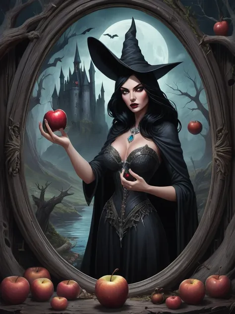 wonderland，witch with mysterious powers，beautiful，black hair，dark castle，dead wood, ((holding a poisoned apple，poison magic))，(m...