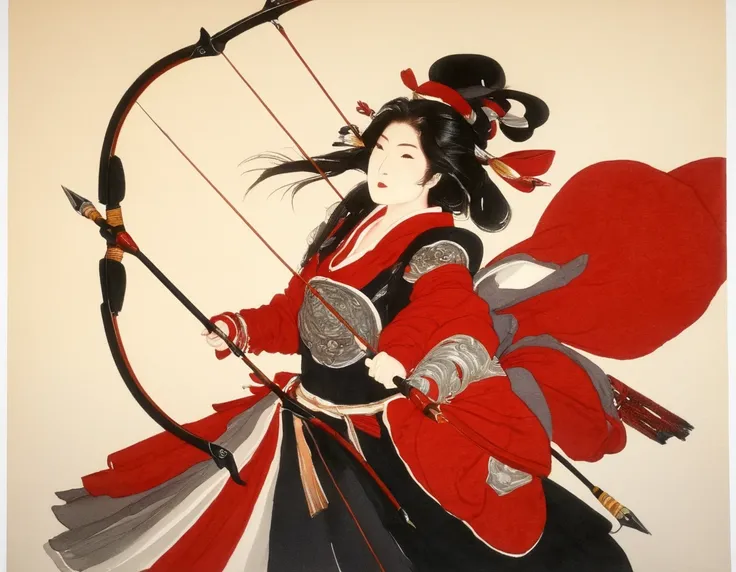 a japanese watercolor illustration (using black, white and red colors only) of a exquisite beautiful female archer, (silhouette ...