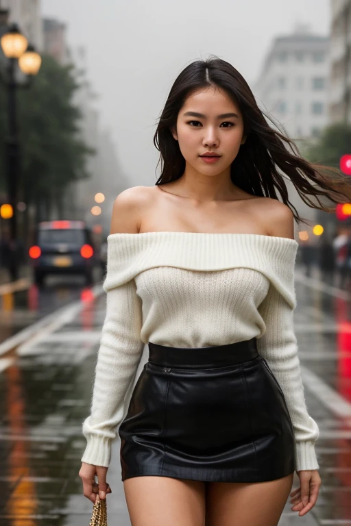 ((best quality)), ((masterpiece)), (detailed), 1girl, off-shoulder sweater,  "As the dark clouds unleash a torrential downpour, a stunning Asian teen with sliver hair stands in the middle of a bustling city street, tears streaming down her face. Her slim f...