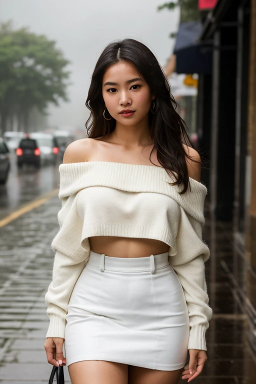 ((best quality)), ((masterpiece)), (detailed), 1girl, off-shoulder sweater,  "As the dark clouds unleash a torrential downpour, a stunning Asian teen with sliver hair stands in the middle of a bustling city street, tears streaming down her face. Her slim f...