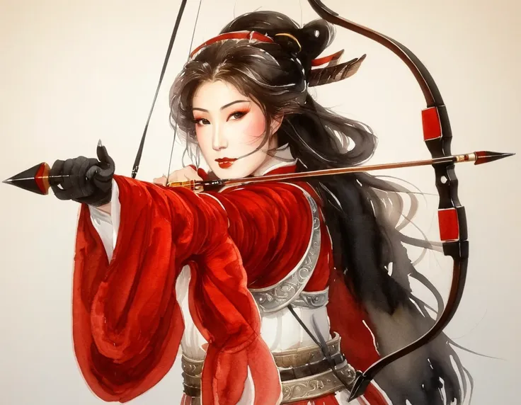 a japanese watercolor illustration (using black, white and red colors only) of a exquisite beautiful female archer, (silhouette ...