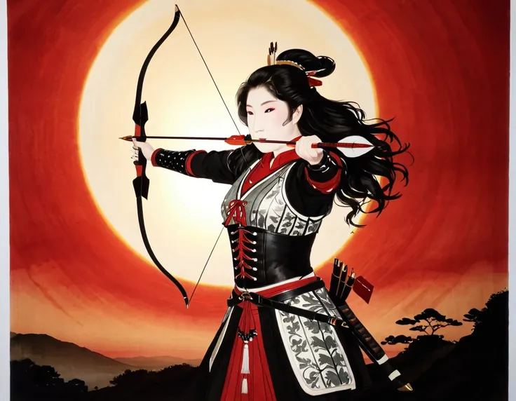 a japanese watercolor illustration (using black, white and red colors only) of a exquisite beautiful female archer, (silhouette ...