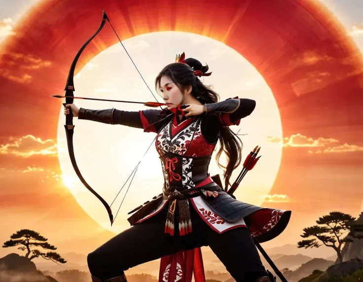 a japanese watercolor illustration (using black, white and red colors only) of a exquisite beautiful female archer, (silhouette ...