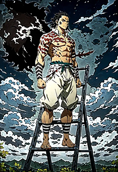 an anime character from the anime : demon slayer(inosuke)that is standing on a ladder in the sky, amazing wallpaper, muscular we...