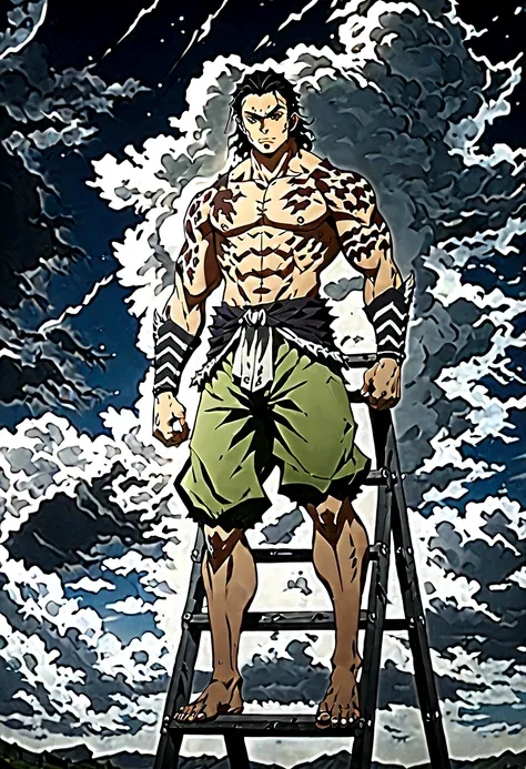 an anime character from the anime : demon slayer(inosuke)that is standing on a ladder in the sky, amazing wallpaper, muscular we...