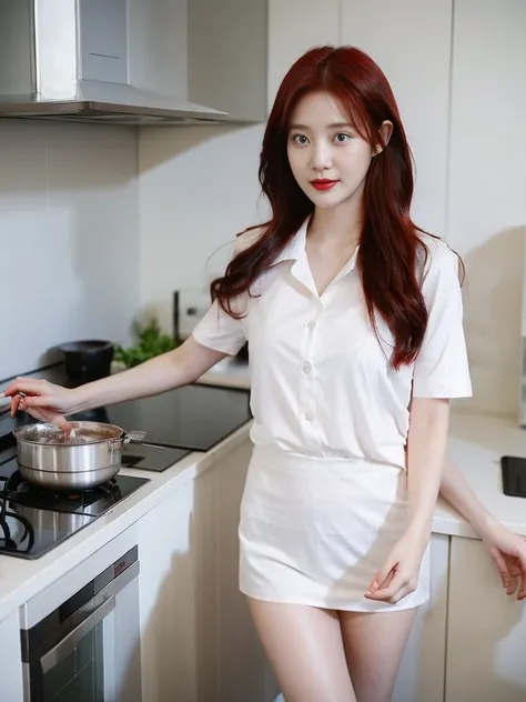 a red-haired girl wearing a short-sleeved white shirt and white panties was boiling water in the kitchen.,realistically,realisti...