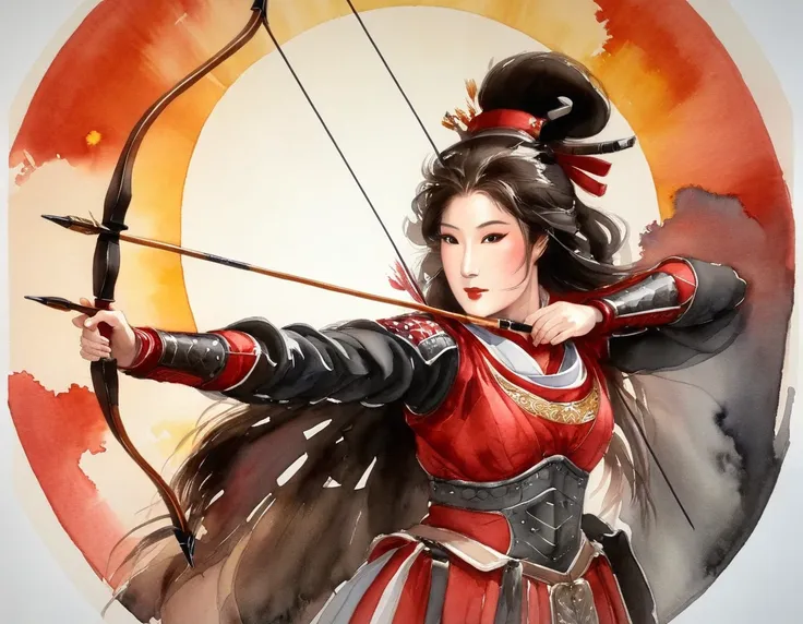 a japanese watercolor illustration (using black, white and red colors only) of a exquisite beautiful female archer, (silhouette ...