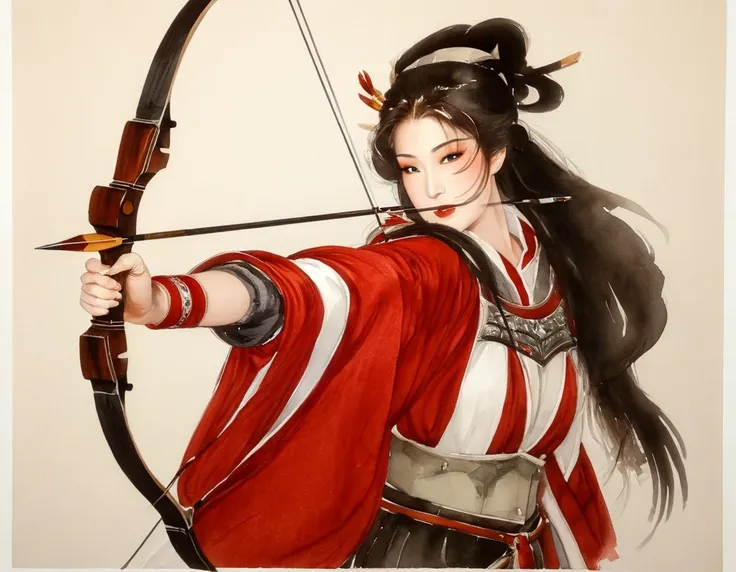 a japanese watercolor illustration (using black, white and red colors only) of a exquisite beautiful female archer, (silhouette ...