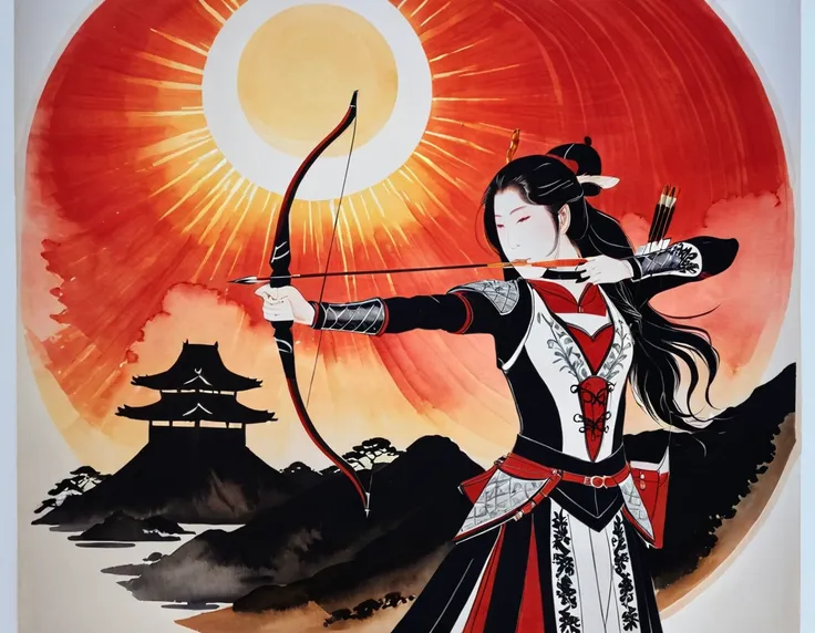 a japanese watercolor illustration (using black, white and red colors only) of a exquisite beautiful female archer, (silhouette ...