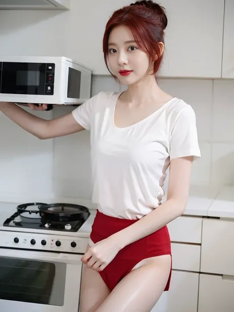 A red-haired girl wearing a short-sleeved white shirt and white panties was boiling water in the kitchen.,Hands behind your back.,realistically,realistic,